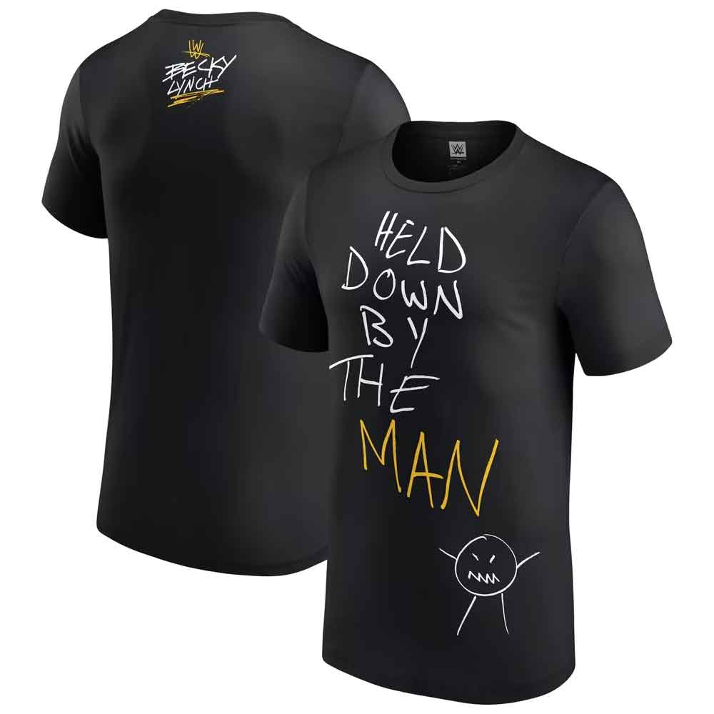 01 Becky Lynch Held Down By The Man T-Shirt – Black WWE Fan Tee - Image 1