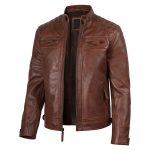 Men’s Cognac Brown Quilted Leather Cafe Racer Motorcycle Jacket