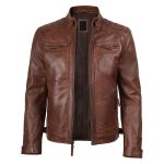 Men’s Cognac Brown Quilted Leather Cafe Racer Motorcycle Jacket - Image 3
