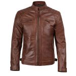 Men’s Cognac Brown Quilted Leather Cafe Racer Motorcycle Jacket - Image 4