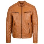 Men’s Tan Leather Cafe Racer Biker Jacket – Ron