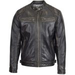 Men’s Bowie Rub-Off Leather Biker Jacket with Stand Collar