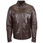 Men’s Brown Leather Jacket with Standing Collar – Tony
