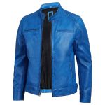 Men’s Distressed Blue Leather Cafe Racer Jacket – Dodge