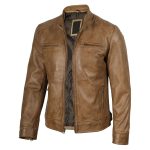 Dodge Men’s Camel Brown Leather Biker Jacket