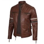 Men’s Cognac Leather Biker Jacket with Dual Stripes