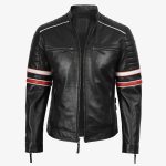 Men’s Black Cafe Racer Leather Jacket with Red & White Racing Stripes