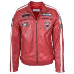 Men's Red Leather Biker Jacket with Motorsport Logos – Bobby Red