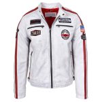 Men's Bobby Vintage White Leather Biker Jacket with Motorsport Logos