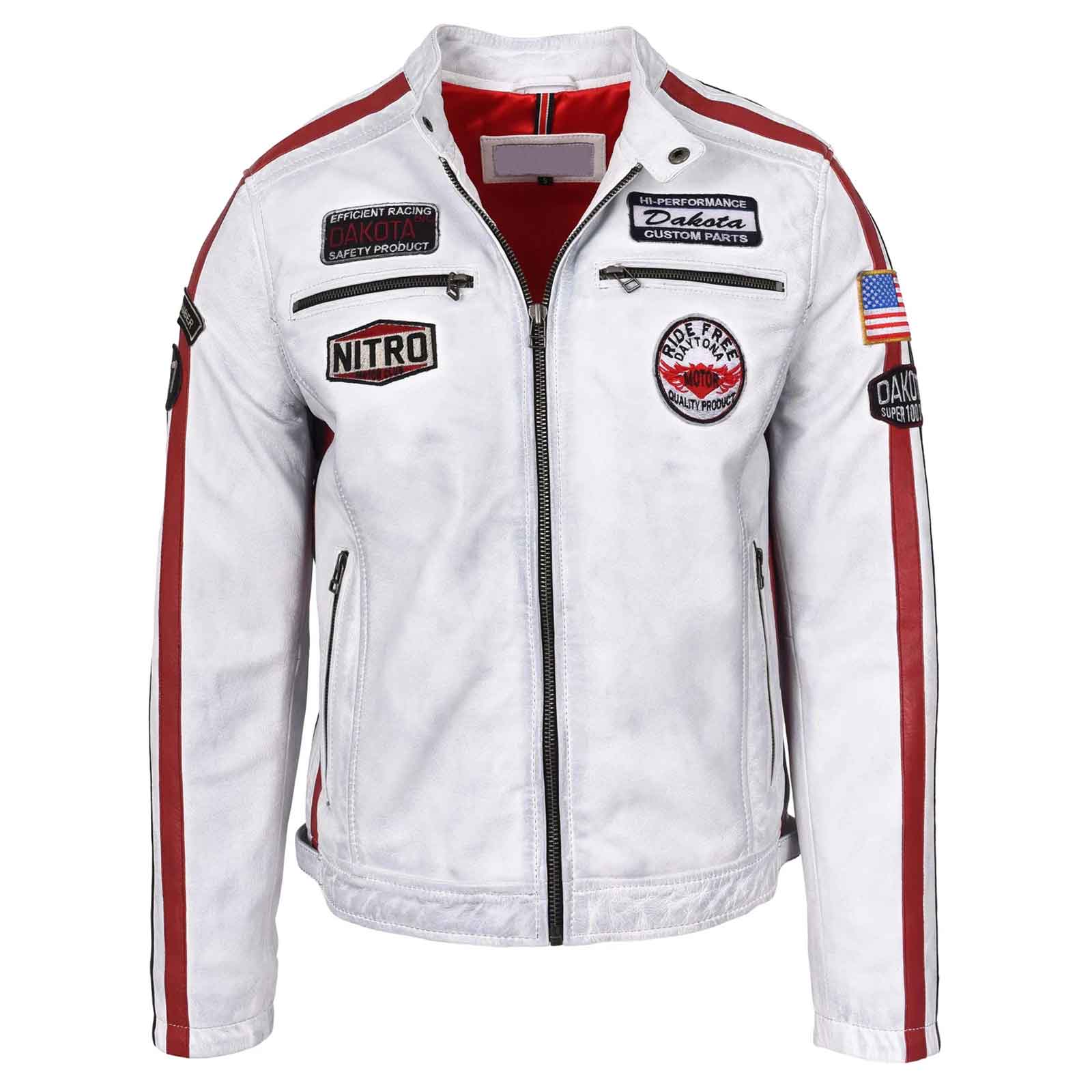 01 Men's Bobby Vintage White Leather Biker Jacket with Motorsport Logos - Image 1