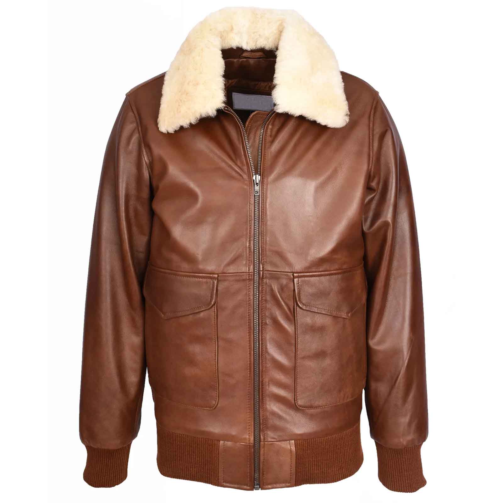 01 Men’s Tan Leather Aviator Bomber Jacket – Luca G-1 Pilot Style with Detachable Collar - Image 1