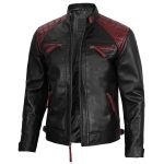 Men’s Black and Burgundy Quilted Leather Cafe Racer Jacket - Image 2
