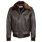 Men’s Brown Leather Pilot Bomber Jacket – Leroy with Removable Collar