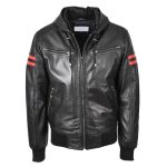 Men’s Black Real Leather Hooded Bomber Jacket – Remmy Zip-Up Style