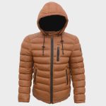 Men’s Caramel Brown Puffer Jacket – Hooded Zip-Up Jacket