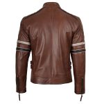 Men’s Cognac Leather Biker Jacket with Dual Stripes - Image 2
