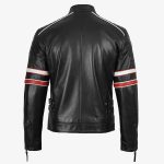 Men’s Black Cafe Racer Leather Jacket with Red & White Racing Stripes - Image 2