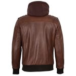 Men's Cognac Brown Leather Bomber Jacket with Removable Hood - Image 3