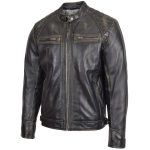 Men’s Bowie Rub-Off Leather Biker Jacket with Stand Collar - Image 3