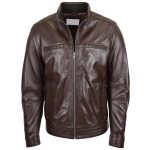 Men’s Brown Leather Jacket with Standing Collar – Tony - Image 3