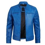 Men’s Distressed Blue Leather Cafe Racer Jacket – Dodge - Image 3