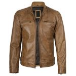 Dodge Men’s Camel Brown Leather Biker Jacket - Image 3