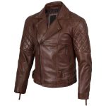 Frisco Men’s Dark Brown Quilted Leather Biker Jacke - Image 3