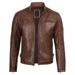 Men’s Cognac Brown Leather Cafe Racer Jacket - Image 3