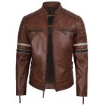 Men’s Cognac Leather Biker Jacket with Dual Stripes - Image 3