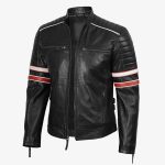 Men’s Black Cafe Racer Leather Jacket with Red & White Racing Stripes - Image 3