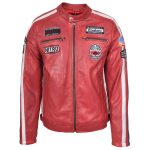 Men's Red Leather Biker Jacket with Motorsport Logos – Bobby Red - Image 3