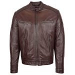 Men’s Brown Leather Cafe Racer Biker Jacket – Ron - Image 3
