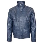 Men’s Blue Leather Bomber Blouson Jacket – Rober - Image 3