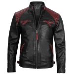 Men’s Black and Burgundy Quilted Leather Cafe Racer Jacket - Image 4