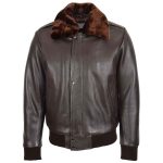 Men’s Brown Leather Pilot Bomber Jacket – Leroy with Removable Collar - Image 3