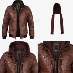 Men's Cognac Brown Leather Bomber Jacket with Removable Hood - Image 4