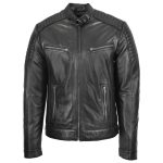 Men’s Black Leather Cafe Racer Biker Jacket – Ron - Image 3