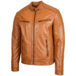 Men’s Tan Leather Cafe Racer Biker Jacket – Ron - Image 3