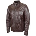 Men’s Brown Leather Jacket with Standing Collar – Tony - Image 4