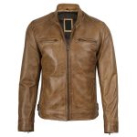 Dodge Men’s Camel Brown Leather Biker Jacket - Image 4