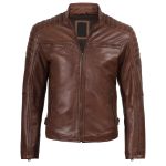 Men’s Cognac Brown Leather Cafe Racer Jacket - Image 4