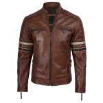 Men’s Cognac Leather Biker Jacket with Dual Stripes - Image 4