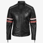 Men’s Black Cafe Racer Leather Jacket with Red & White Racing Stripes - Image 4