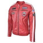 Men's Red Leather Biker Jacket with Motorsport Logos – Bobby Red - Image 4