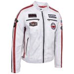 Men's Bobby Vintage White Leather Biker Jacket with Motorsport Logos - Image 4
