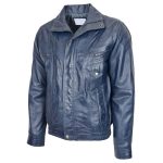 Men’s Blue Leather Bomber Blouson Jacket – Rober - Image 4