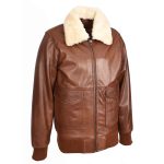 Men’s Tan Leather Aviator Bomber Jacket – Luca G-1 Pilot Style with Detachable Collar - Image 4