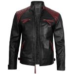 Men’s Black and Burgundy Quilted Leather Cafe Racer Jacket - Image 5