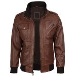 Men's Cognac Brown Leather Bomber Jacket with Removable Hood - Image 5