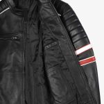 Men’s Black Cafe Racer Leather Jacket with Red & White Racing Stripes - Image 5